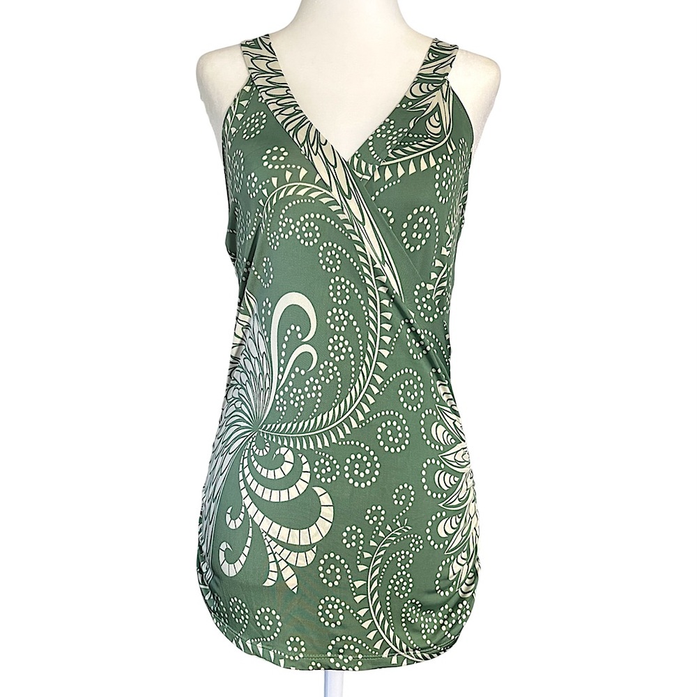 Y2K Vintage Paisley Swirl Draped Cowl Ruched Sage Green Wrap Tank Top Medium